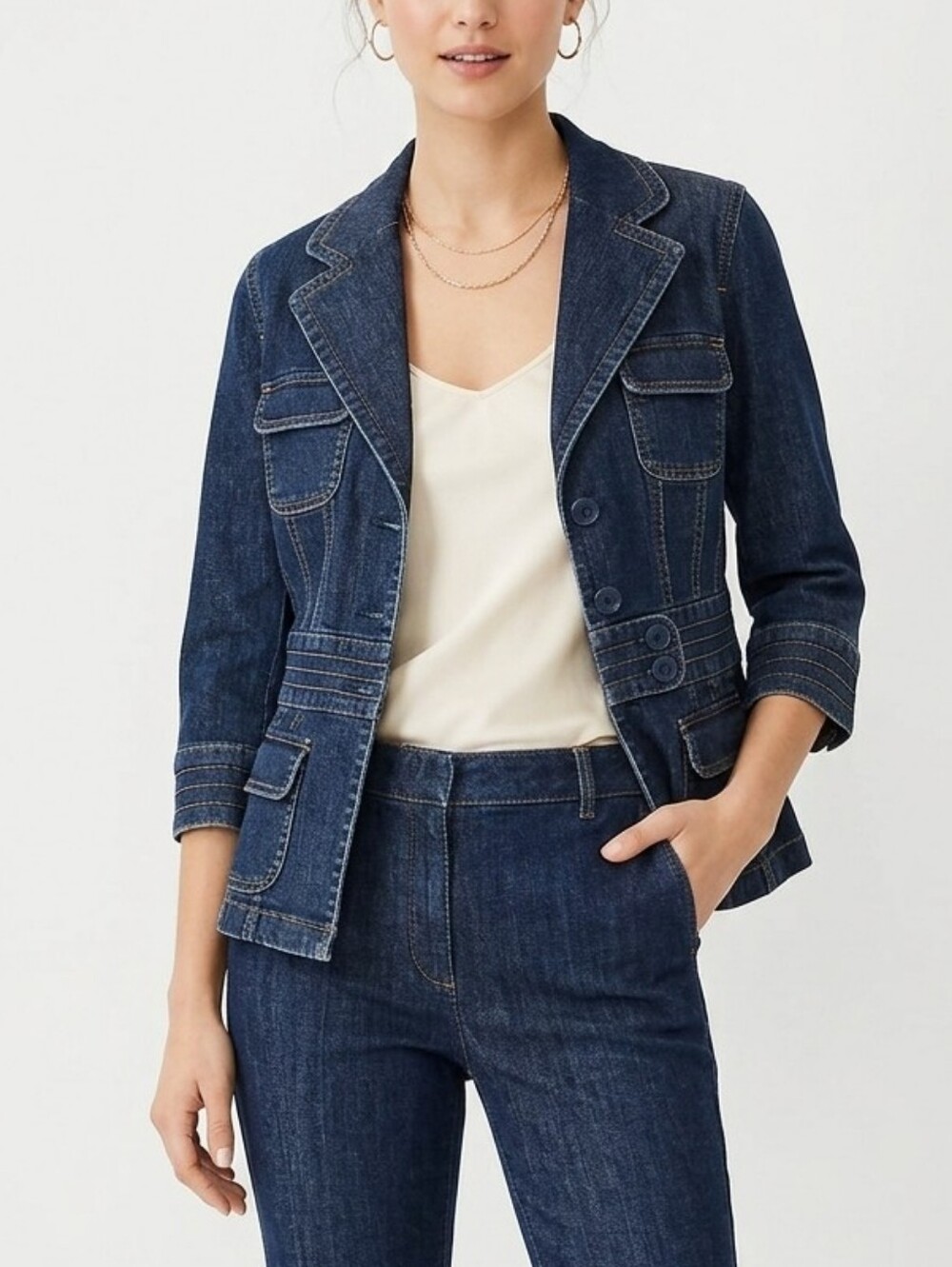 ​Ann Taylor Structured Denim Blazer Jacket Orange Piping Size 6